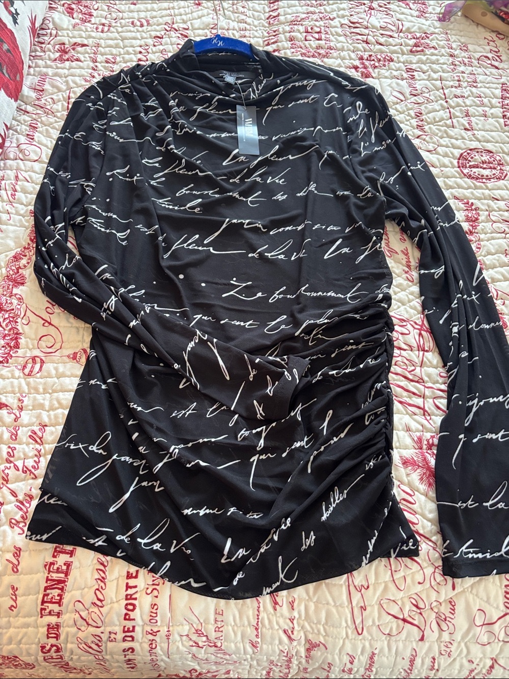 NWT White House Black Market Black Mesh Long-Sleeve Script Ruched Top SZ XL